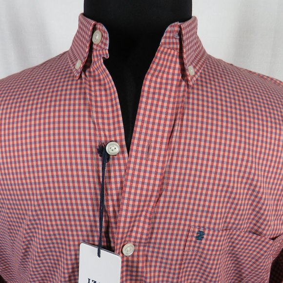Izod Sportflex Men's Size M Red Blue Gingham Check Non-Iron Long Sleeve Shirt - Picture 2 of 11